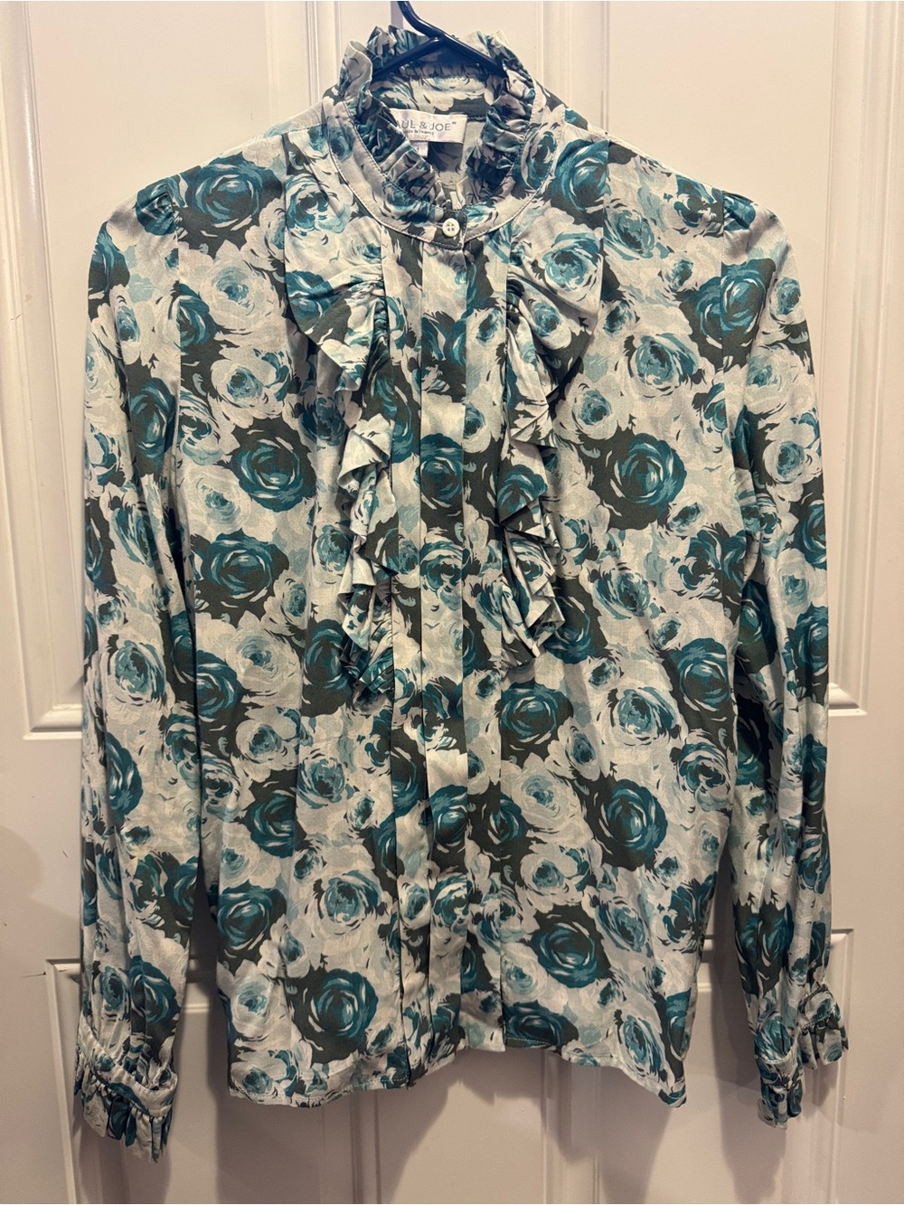 Paul & Joe Paris Teal White Ruffle Long Sleeve Floral Blouse Top 100% Viscose